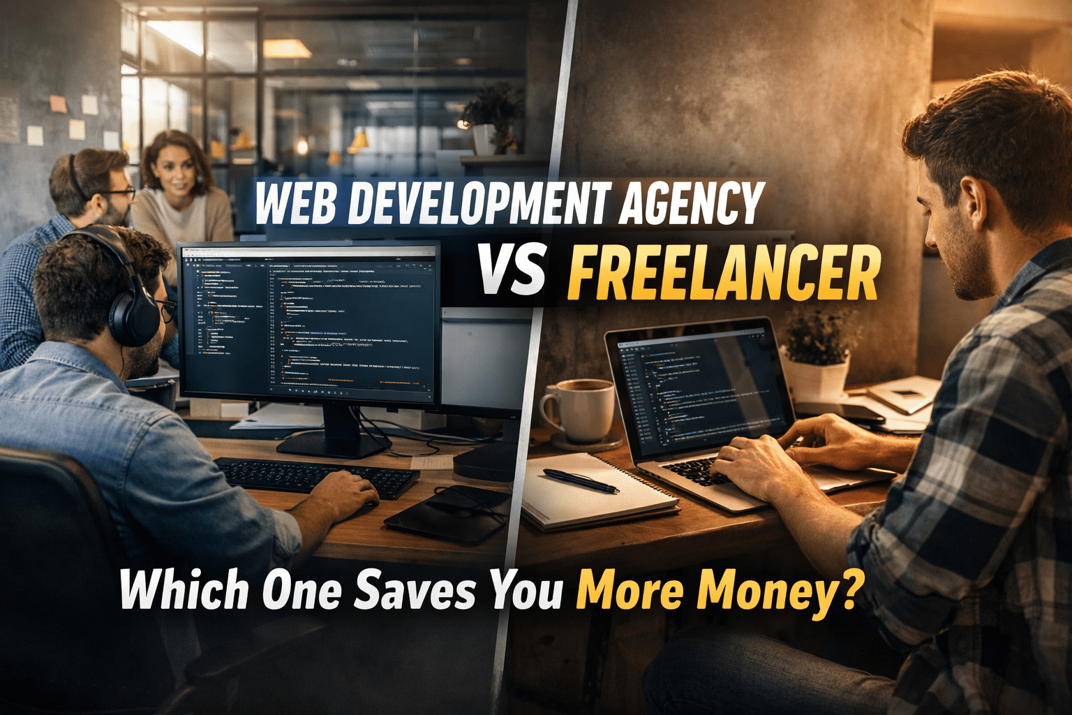 A split image comparing a web development agency team collaborating on multiple screens on the left versus a solo freelancer working alone on a laptop on the right